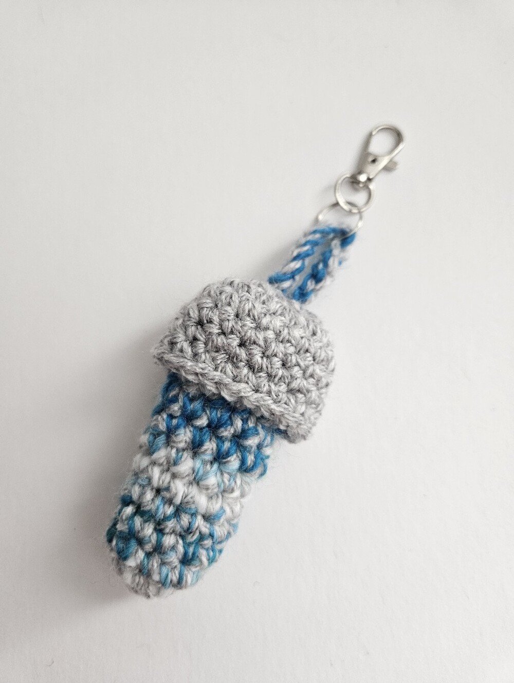 Crocheted Mushroom Lip Balm Holder Keychain - Gray & Blue